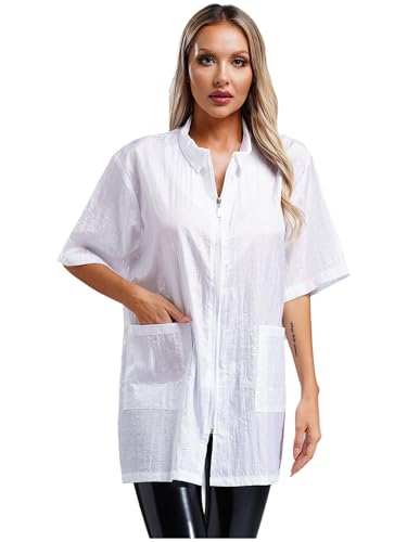 Hularka Adult Waterproof Short Sleeve Barber Jacket Turn-Down Front Zipper Salon Smock Jacket2