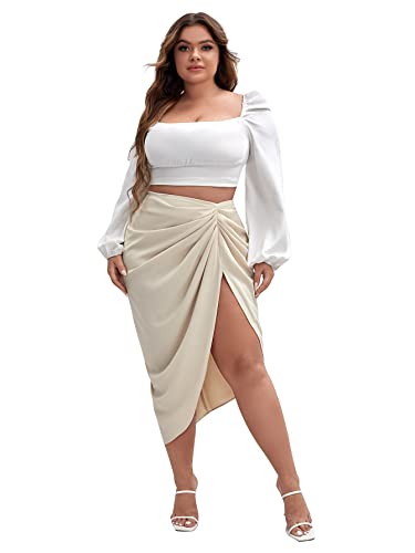 Verdusa Women's Plus Pleated Ruched Asymmetrical Hem Wrap Midi Skirt Apricot 2Xl #TOP4