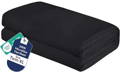 Image of Royale Linens Twin XL Flat Sheet - Ultra Soft Brushed 1800 Microfiber Flat Sheets Only - Wrinkle Free & Stain Resistant - Hotel Quality Top Sheet for Bed (Twin XL, Black)