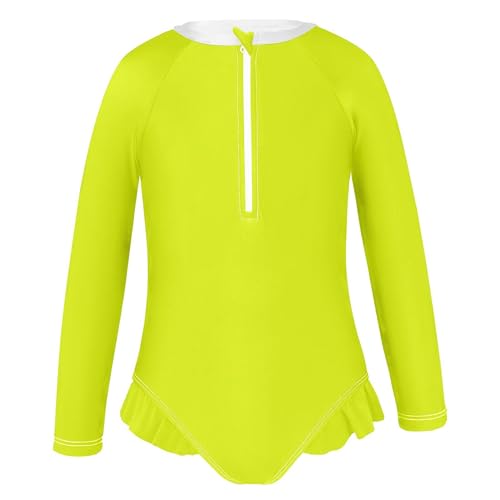 Image of Plain Neon Yellowish Green Baby Girl Bathing Suit Long Sleeve UPF 50+ One Piece Toddler Swimsuit Size 3T