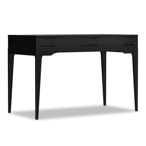 Image of SIMPLIHOME Harper Small Desk - 48 inch Wide Solid Hardwood Writing Desk in Black, Mid-Century Modern Home Office Table for Study or Work with 2 Drawers and Flip-Down Keyboard Tray