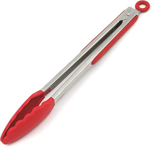 Image of Baskety Heavy-Duty Non-Stick Stainless Steel Silicone Kitchen Tongs Red 12 Inches