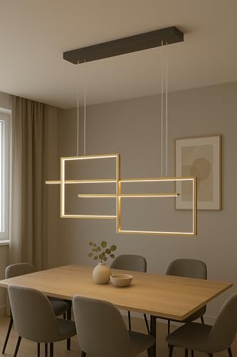 Image of Modern Geometric LED Pendant Chandelier Light | Rectangular Frame Hanging Ceiling Lamp | Warm White Decorative Linear Lighting Fixture | Premium Gold Finish | Ideal for Dining Room, Kitchen Island