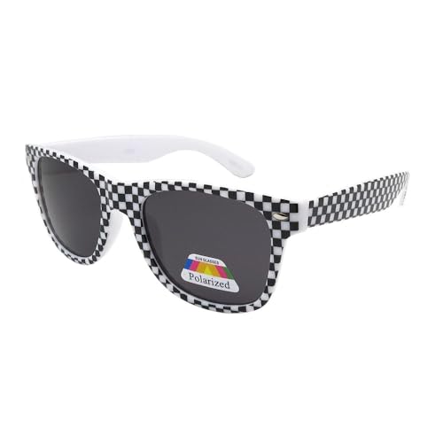 Pop Fashionwear Classic Rectangular Sunglasses Polarized Lens Black Frame White Checker T7124