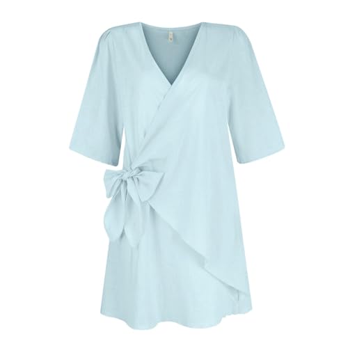 Womens Summer Linen Dresses V-Neck Short Sleeve Wrap Tie Mini Dress Beach Vacation Cocktail Dress4