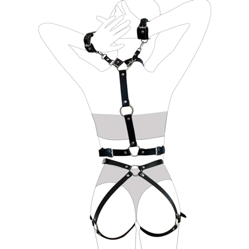 Limmion Damen Harness Leder Sexy Gürtel mit Handschellen Body Geschirre Bondage Sexy Kostüm für Frauen BDSM Fesseln Punk Taillengürtel Extrem Bondage Erotik Reizwäsche für Rave Outfit Clubwear