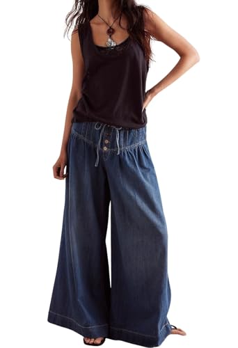 loveimgs Women Y2k Pleated Baggy Jeans Elastic Waist Wide Leg Denim Pants Palazzo Cargo Barrel Jeans Drawstring