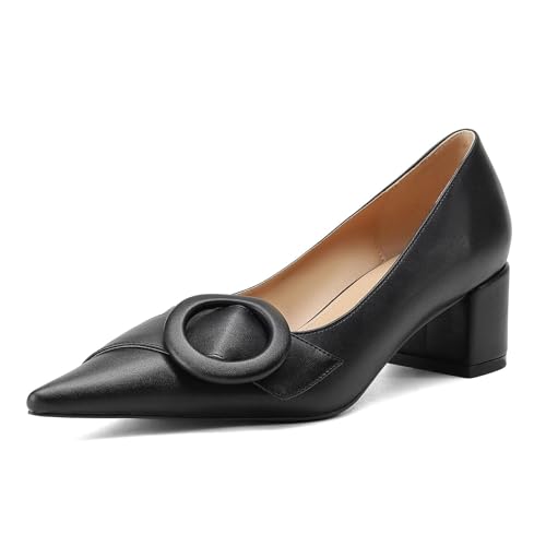 MUCCCUTE Chunky Heels for Women Closed Pointed Toe Pump 2'' Low Block Heels Fashion Round Buckle Dress Work Pumps