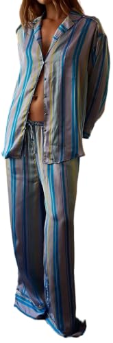 Image of Women Floral Satin Pajamas Long Sleeve Button Shirt Silk Wide Leg Pants Set
