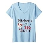 Womens Retro Pitcher's Got A Big Butt, Baseball/Softball Designs V-Neck T-Shirt