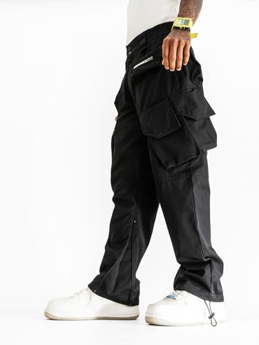 Image of URBAN MONKEY Ripstop Cargo Pants / / Black 65% Polyester 35% Ripstop Solid Relaxed Fit True to Size Full Length Contrast Stitch Detailing Button and Zip Closure with Belt Loops 12 Functional Pockets