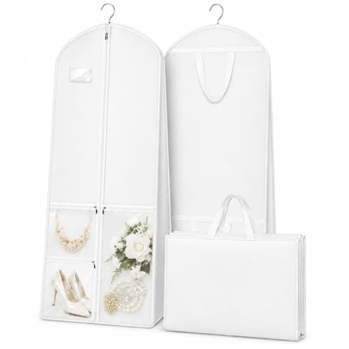 Wedding Dress Bag Covers URMI Heavy Duty 180 x 60 x 26cm Bridal Gown Cover with 3 Clear PVC Pockets Long Garment Bag with Handles for Wedding Gown Evening Dress Prom Dress Travel Storage 1 Pack