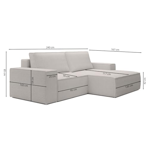 Selsey Ecksofa Beige Sofa Mit Schlaffunktion Linksseitig Inkl. Bettkasten 240 x 167 cm Und Abnehmbare Rückenkissen Kleines Couch Sofa Modular Ottomane Kompakt Für Kleine Wohnräume Cord Bezug – Bild 3