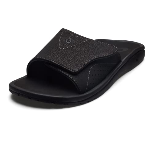 OLUKAI Nalu Slide Men's Versatile Slide Sandals, Water-Friendly & Adjustable Straps, Lightweight & Durable, All-Day Comfort & Support, Black/Black, 12