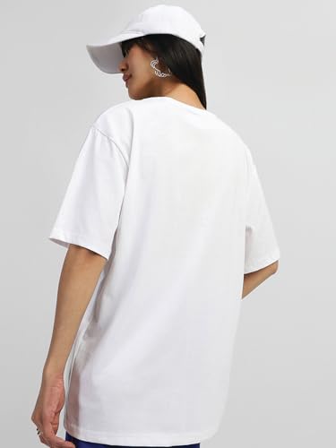 Image of JUNEBERRY 100% Pure Cotton Oversized Loose Baggy Fit Drop Shoulder Half Sleeve Round Neck Cool Front Teddy Printed Cork & White T-Shirt for Women /Girls (Available in from S to 2XL)
