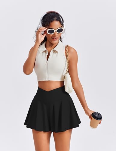 PINSPARK Tennisrock Damen Hohe Taille Crossover Rock mit Hose Drunter Plissiert Tennis Skort Sport Faltenrock Minirock Laufen Tenniskleid mit Tennis Taschen – Bild 6