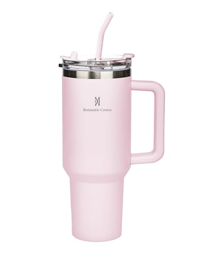 Romantic Crown Copo Térmico com Canudo Tampa e Alça 1,18L, Copos Garrafas Termico para viagem vácuo dupla camada aço inoxidável, Caneca Termica Cafe Água Chá,Presente, Fitness (Rosa claro)