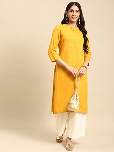 Image of rangita Yellow Rayon Calf Length Striped Straight Kurti for Women | Kurta for Women