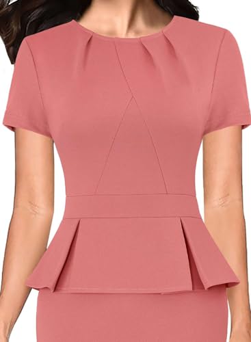 Image of VFSHOW Womens Pleated Crew Neck Peplum Work Business Office Church Bodycon Pencil Sheath Dress