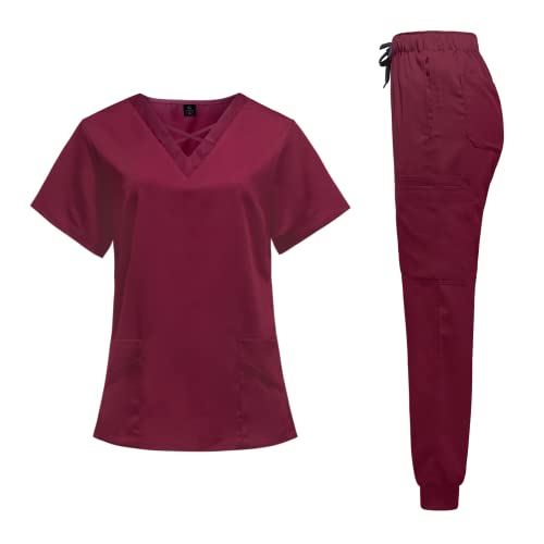 Image of VIAOLI Scrubs for Women Set Modern V-Neck Top & 8 Pocket Jogger Pants Nursing Uniform Solid Stretch Workwear