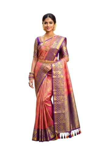 Image of VFCollections Women's Traditional Handloom Kanchipuram Silk Pure Pattu Sarees | Rich Zari Woven Design | Bridal Saree | Unstitched Blouse