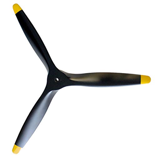 XOAR PJWWII-R3-P 13x7 RC Warbird Airplane Pusher Propeller. 13 Inch 3 Blade WWII Black Wood Prop with Yellow Tips for Gasoline RC WW2 Classic Planes (13x7, Pusher)