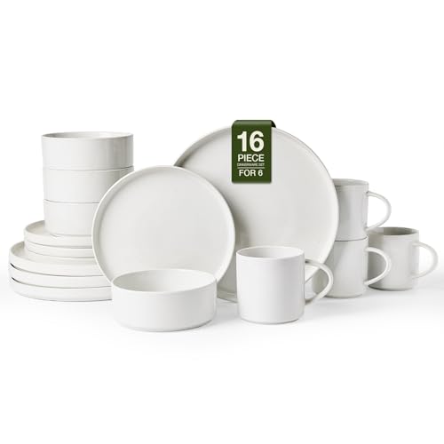 Image of Famiware Nebula Dinnerware Sets with Mugs, Service for 4 (16 Pieces), Fine Stoneware Plates and Bowls Sets, Microwave and Dishwasher Safe Dishes Set, White