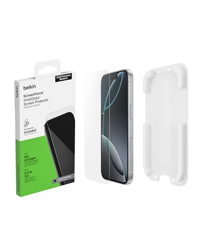 Belkin ScreenForce InvisiGlass Screen Protector for iPhone 17 Pro, Scratch-Resistant Impact Protection with Included Easy Align Tray for Bubble Free Application, Case-Friendly, Recycled glass