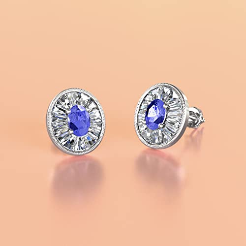 Oval Cut Tanzanite & Baguette Natural Diamond 1.22 Ctw Women Milgrain Halo Stud Earrings 14K White Gold #TOP1