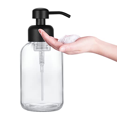 2 Pcs Foaming Soap Dispenser Set - Dish Soap Dispenser For Kitchen With Matte Black Stainless Steel Foaming Pump, 17 Ounce Round Glass Bottles Hand Soap Dispenser For Foam Soap #TOP1