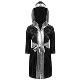 Yruioon Jungen Boxer Mantel Kickboxer Robe Langarm Boxermantel Jacke mit Kapuze Gürtel Boxkampf Mantel Boxer Sport Training Schwarz&Silber 158-164