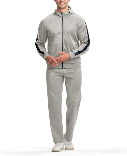 YSENTO Track Sweat Suits Mens Sets 2 Pieces Outfits Jogging Hoodie Tracksuits Warm Up Sweatsuits 4 Zipper Pockets Light Grey M