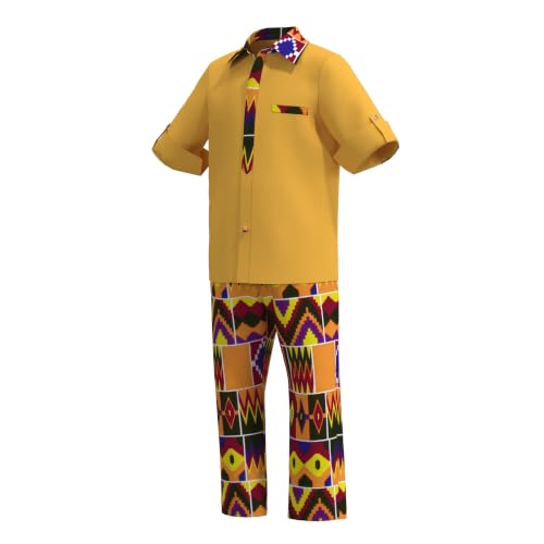 Image of XIAOHUAGUA African Clothes for Boy Kids African Outfit 2 Pcs Set Kente Print Shirt and Long Pants