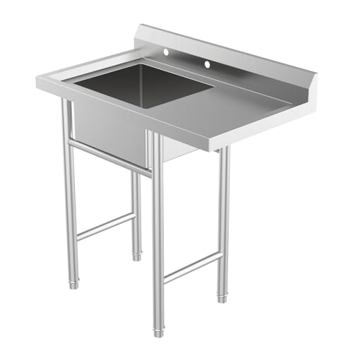 ROVSUN Commercial Single Bowl Kitchen Sink with Workbench, 304 Stainless Steel, Free Standing Utility Sink for Kitchen, Laundry Room, Garage, Restaurant, 38.4â€™â€™Ã—25â€™â€™Ã—17.3â€™â€™