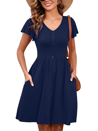 Image of Heymoments Women's Ruffle Sleeve V Neck Swing Sundress Summer Casual A-Line Midi Dress with Pockets S-2XL