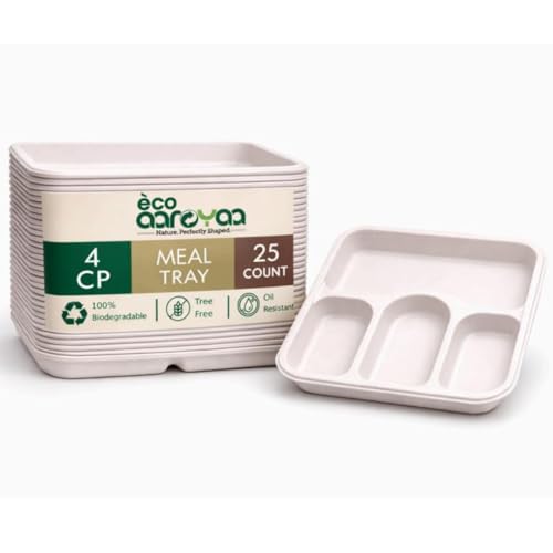 Image of Eco Bagasse 4 Compartment Meal Trays - Eco-Friendly Bagasse Disposable Plates - Strong Oil & Water Resistant Disposable Plates with Compartments for Parties, Catering & Events (Pack of 25)