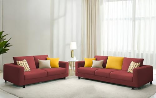 Image of Casaliving Minta 3+2 Seater Sofa Set for Living Room (Maroon Colour Fabric) Premium Fabric Sofa