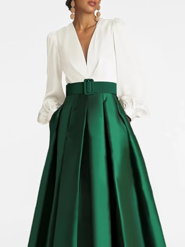 Satin Tea Length Prom Dresses for Women Long Sleeve Elegant Evening Gown A Line Wedding Guest Dress with Pockte4