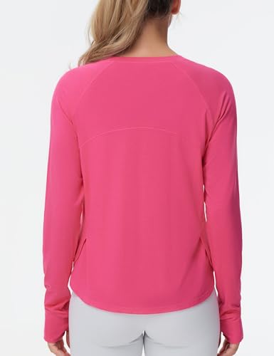 THE GYM PEOPLE Women's Long Sleeve Workout Shirts Side Slits Athletic Yoga Tee Tops with Thumb Hole Bright Pink — view 4