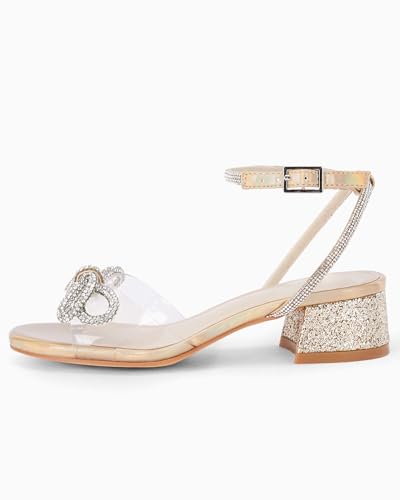 Coutgo Girls Rhinestone Sandals Low Chunky Heels Bow Open Toe Glitter Dress Shoes for Toddler Little Big Kid4