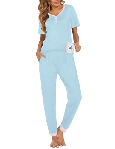 Image of Ekouaer Pajamas for Women Set 2 Piece Fall Lounge Sets Short Sleeve Pjs Joggers Long Pants Sleepwear with Pockets