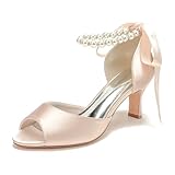Zapatos De Boda para Novia, Tacón Bajo con Perlas, Punta Abierta, Tacones De Novia, Sandalias De Tacón para Mujer De 6,5 Cm,Champagne,39 EU
