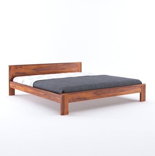 Image of Wooden King Size Bed Without Storage | Wooden Double Bed Cot Bed for Bedroom Furniture | Palang Double Bed for Hotels | Basic Headboard | Solid Sheesham Wood | Honey Finish