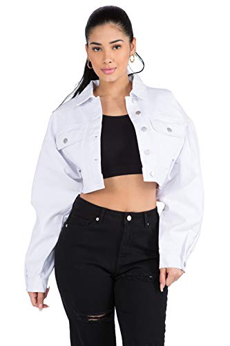 TwiinSisters Women s Balloon Sleeve Button Down Jean Denim Crop Jacket for Women - Medium, White