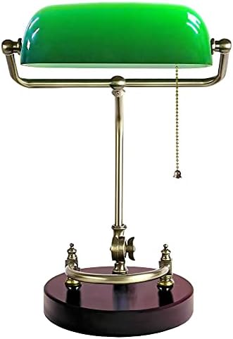 HAOJU Vintage Desk Lamp,Traditional Green Bankers Table Reading Lamp,Upright Brass Library Antique Lights,Retro High-end Solid Wood Base for Home Office Decor with Pull Chain Switch