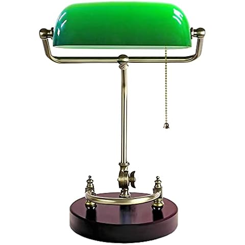 HAOJU Vintage Desk Lamp,Traditional Green Bankers Table Reading Lamp,Upright Brass Library Antique Lights,Retro High-end Solid Wood Base for Home Office Decor with Pull Chain Switch Cover