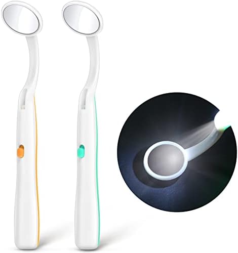 Dental Mirror with Light 2 Pcs Dental Teeth Mirror Mouth Tooth Mirror Dental Inspection Mirror with LED Light for Oral Dental Care Oral with Battery Included, Green and Orange