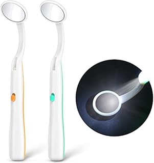 Dental Mirror with Light 2 Pcs Dental Teeth Mirror Mouth Tooth Mirror Dental Inspection Mirror with LED Light for Oral Dental Care Oral with Battery Included, Green and Orange