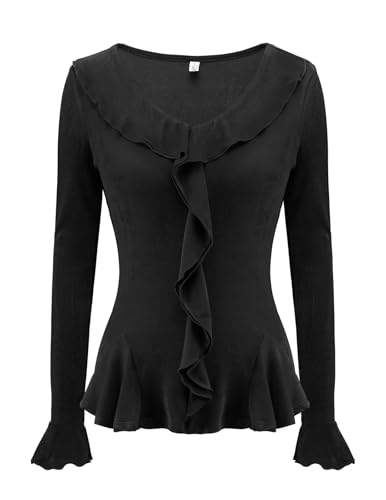 Meetjen Womens Bell Long Sleeve V Neck Tops Wrap Slim Fitted Shirts Ruffle Ladies Fall Fashion 2025 Sexy Blouses Blusas De Mujer De Moda Black L
