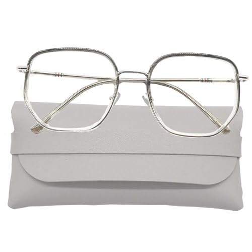 TREABEAR Lunette Anti Lumiere Bleue Gris Argenté, Fausse Lunette Unisexe, Monture Large Ultra-Légère Lunette Ecran Bleu, Lunettes Sans Correction Avec Étui...